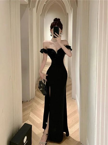 Robe de soirée noire bustier à volants et épaules dénudées fg6197