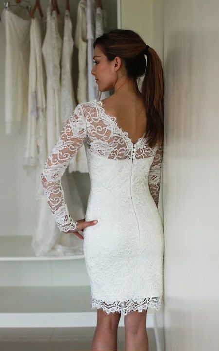 Long Sleeve Lace Short Fitted Wedding Dress fg5995 Long Sleeve Lace Short Fitted Wedding Dress fg5995