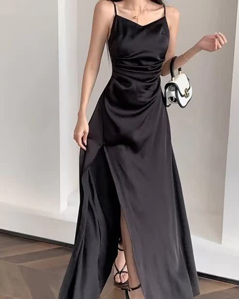 Spaghettiträger Schwarz A-Linie Satin Langes Ballkleid mit Schlitz fg5443