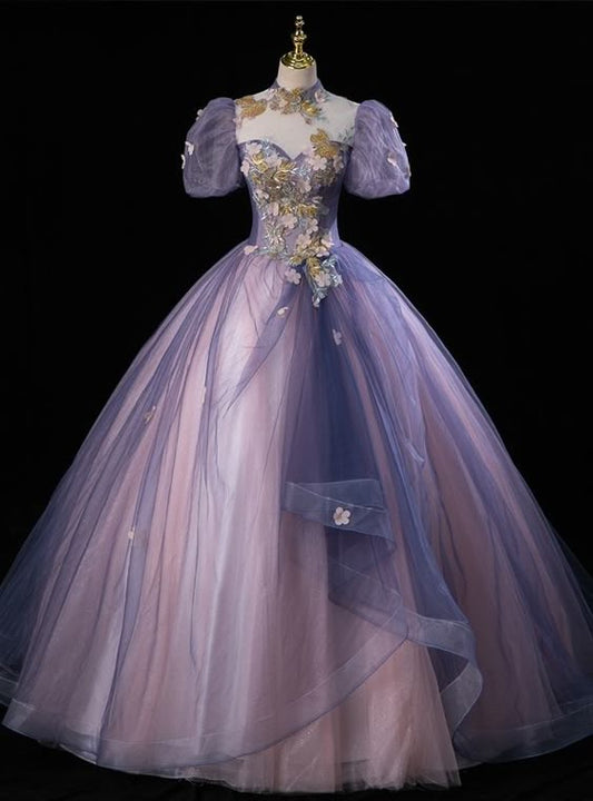 Robe de soirée en tulle violet à manches bouffantes et appliques fg6750