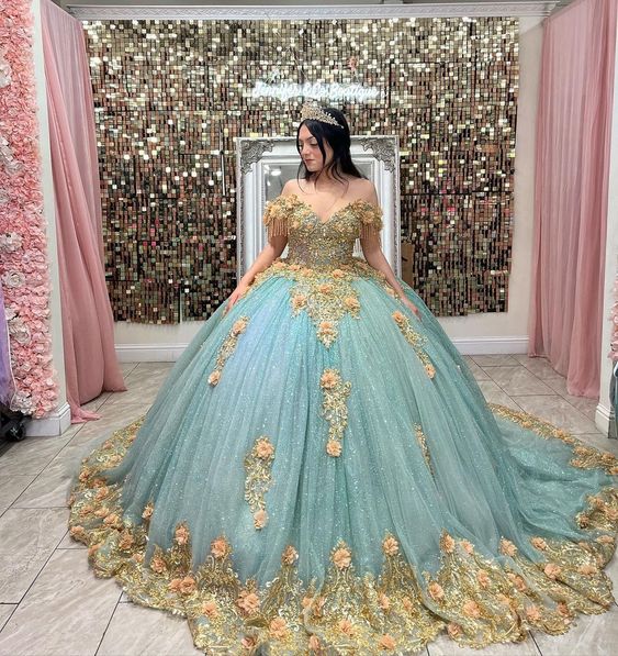 Quinceanera Dresses Off The Shoulder Ball Gown Gold Floral Appliques Handmade Flowers Lace Sweet 15 Party Dresses fg5547
