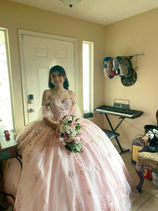 Robe de bal rose à épaules dénudées et appliques, tenue de soirée, fg5899