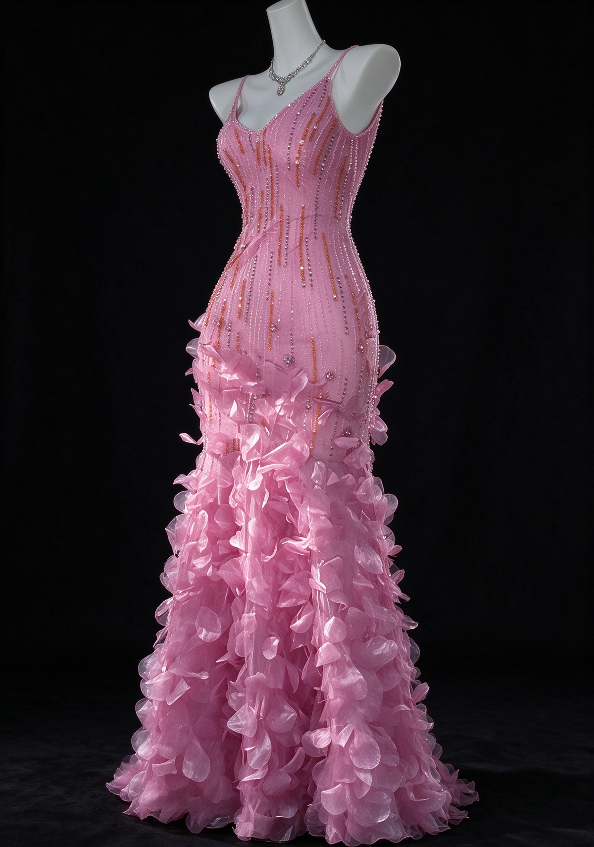 Pink Spaghetti Strap V Neck 3D Petal Beaded Mermaid Evening Dress fg9134