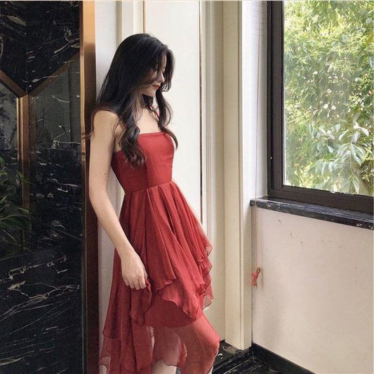Robe de soirée asymétrique à volants et bretelles spaghetti pour femme (fg6227)
