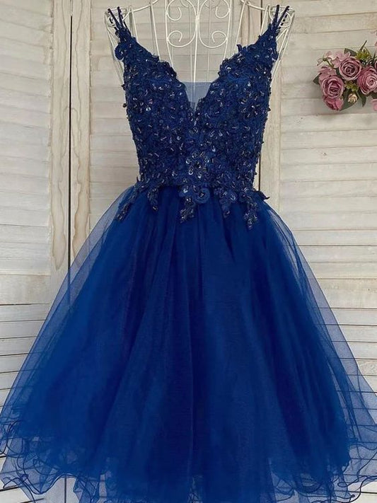 Robe de bal courte en tulle bleu à col en V et dentelle, robe de soirée courte en tulle bleu à col en V et dentelle, fg6315