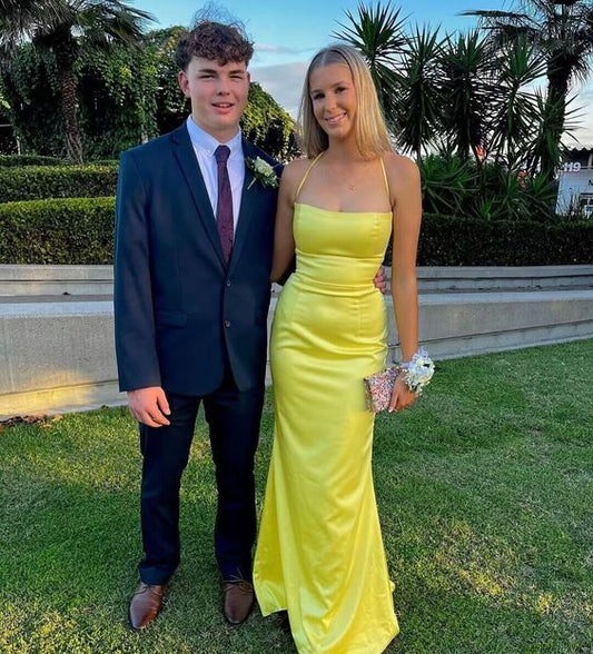 Robe de bal sirène jaune en satin avec dos ouvert, robe longue de soirée fg6180
