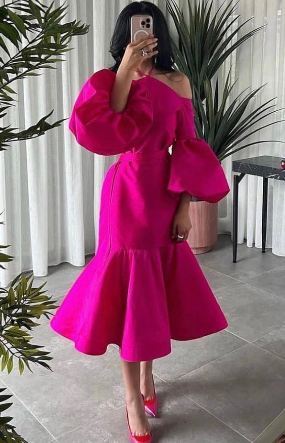 Hot Pink Halter Prom Belt Puff Sleeve Midi Party Dress Elegant Dubai E formalgowns Hot Pink Halter Prom Belt Puff Sleeve Midi Party Dress Elegant Dubai E formalgowns