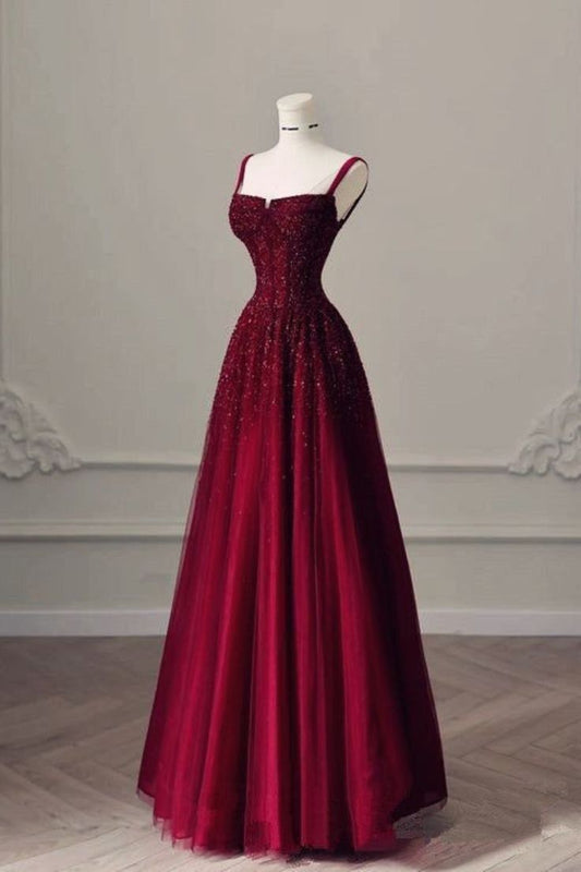 Robe de bal bordeaux coupe trapèze, bretelles, tulle, robe de soirée fg6734