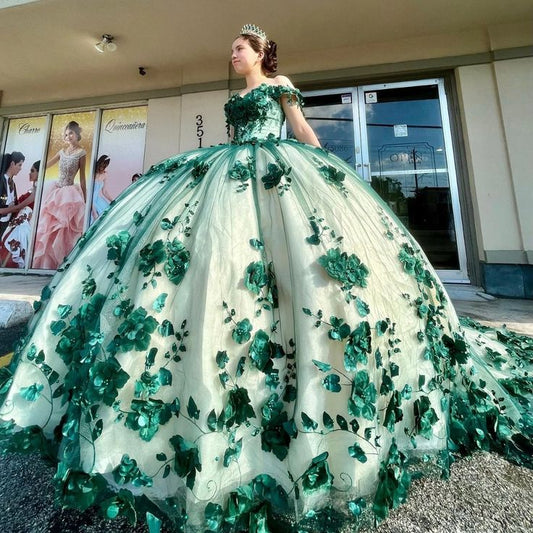 Grüne Quinceanera Kleider Off Shouder Perlen Applikationen Ballkleid Sweet 16 Kleid fg5758