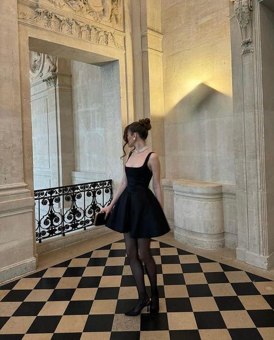 Robe de soirée noire courte, col carré, au-dessus du genou, fg6356