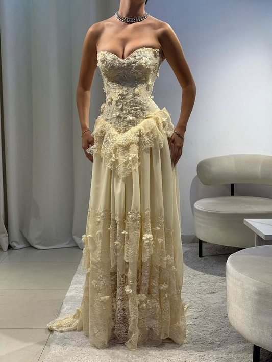 A-Line Yellow Sleeveless Sweetheart Appliqued Lace Up Formal Evening Dress fg8306