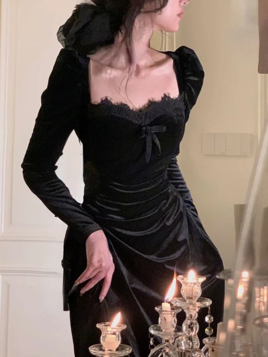 Robe mi-longue en velours noir vintage à manches longues pour femme, élégante et tendance, fg6635