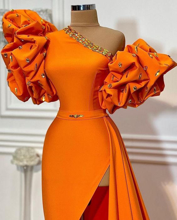 One Shoulder Unique Evening Dresses Long Orange Beaded Mermaid Elegant formalgowns One Shoulder Unique Evening Dresses Long Orange Beaded Mermaid Elegant formalgowns