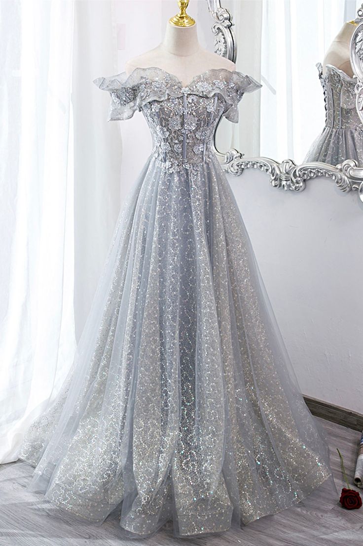 Tulle Lace Long Prom Dresses, A-Line Sequins Evening Dresses fg5490