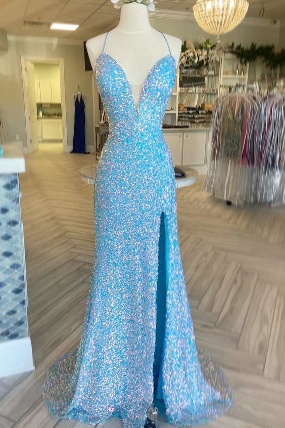 blue iridescent dress Blue Iridescent Sequin Lace-Up Long Prom Dress with Slit fg6608 – formalgowns