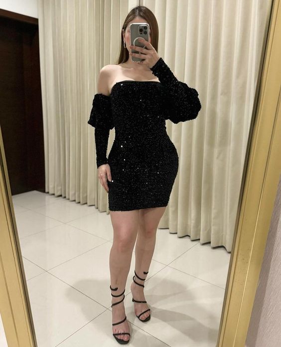 Elegant Black Sequin Sheath Homecoming Dress,Short Party Gown With Sleeves fg5631