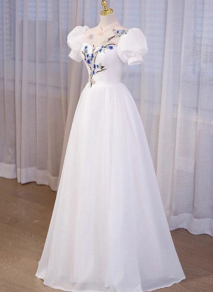 High Neckline A-line Short Sleeves Party Dress, Long Formal Dress fg5576