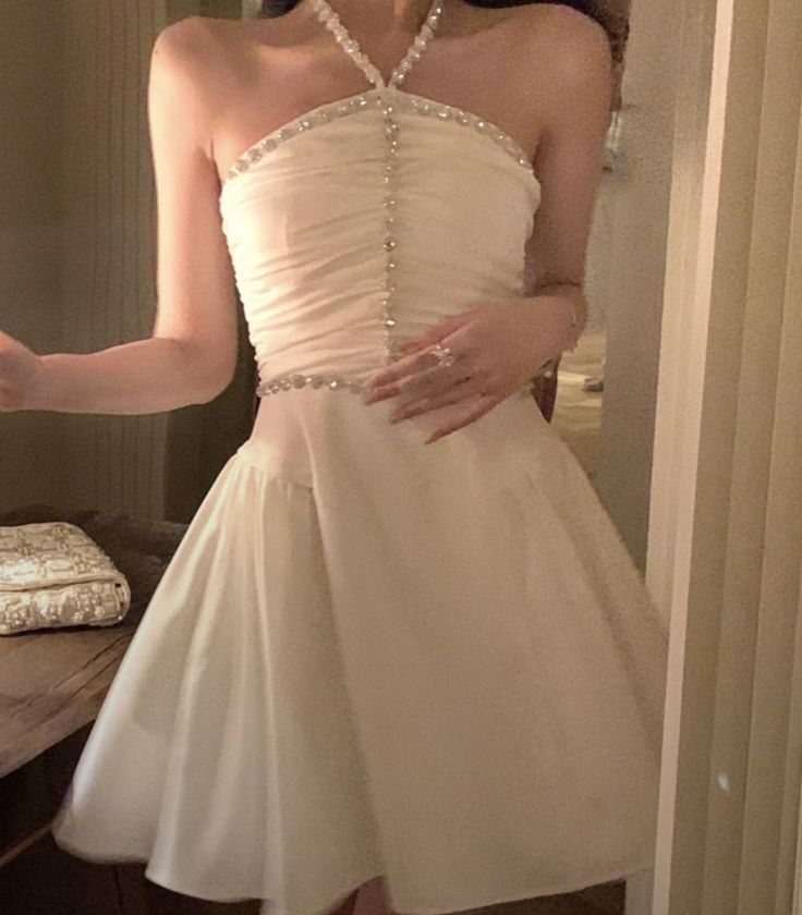 Robe de soirée courte blanche à col licou, coupe trapèze, robe de cocktail, robe de soirée courte, fg7905