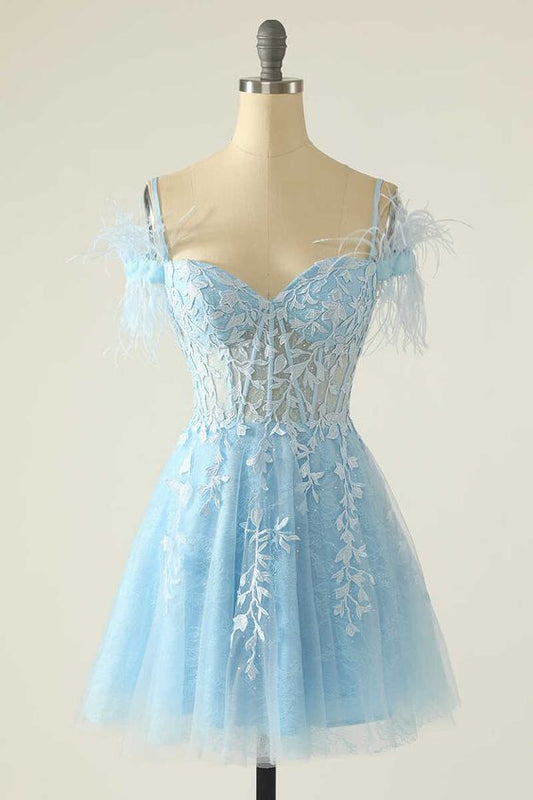 Robe de soirée trapèze courte bleu clair à appliques, style modeste, fg5970