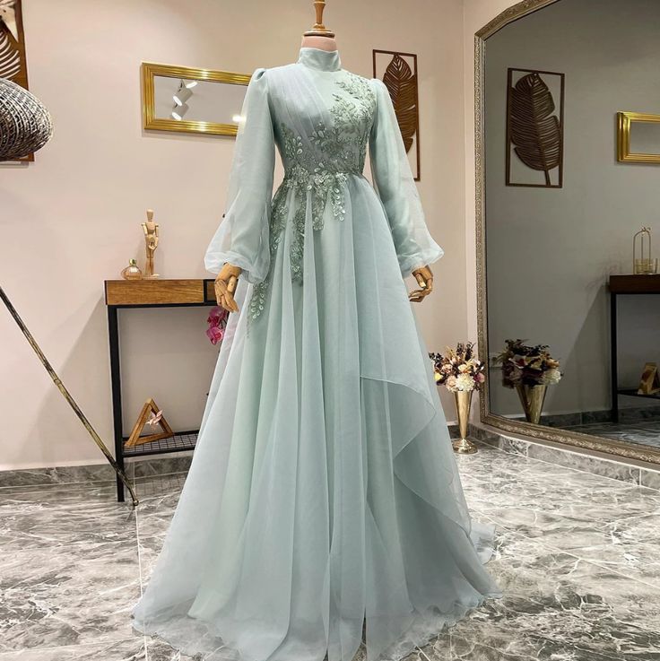 A-line Evening Gowns For Women Formal Elegant Beading Flowers Tulle Muslim Prom Dresses fg6034