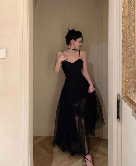 Simple Tea Length Prom Dresses, Straps Black Formal Graduation Evening formalgowns Simple Tea Length Prom Dresses, Straps Black Formal Graduation Evening formalgowns