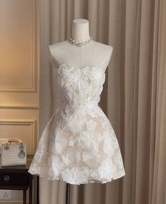 Robe de soirée courte trapèze sans manches, en tulle appliqué, sans bretelles, fg5815
