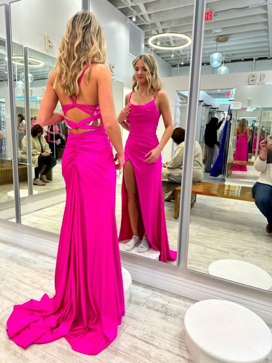 Robe de bal longue fendue style sirène fuchsia fg6748