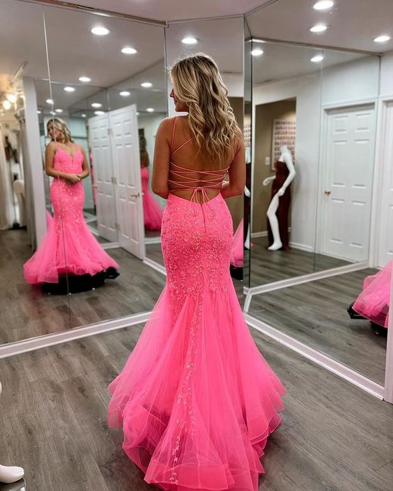 Mermaid Spaghetti Straps Hot Pink Long Prom Dress Lace Formal Dress fg formalgowns Mermaid Spaghetti Straps Hot Pink Long Prom Dress Lace Formal Dress fg formalgowns