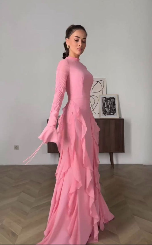Robe longue décontractée en mousseline à volants pour femme, tenue de soirée fg7442