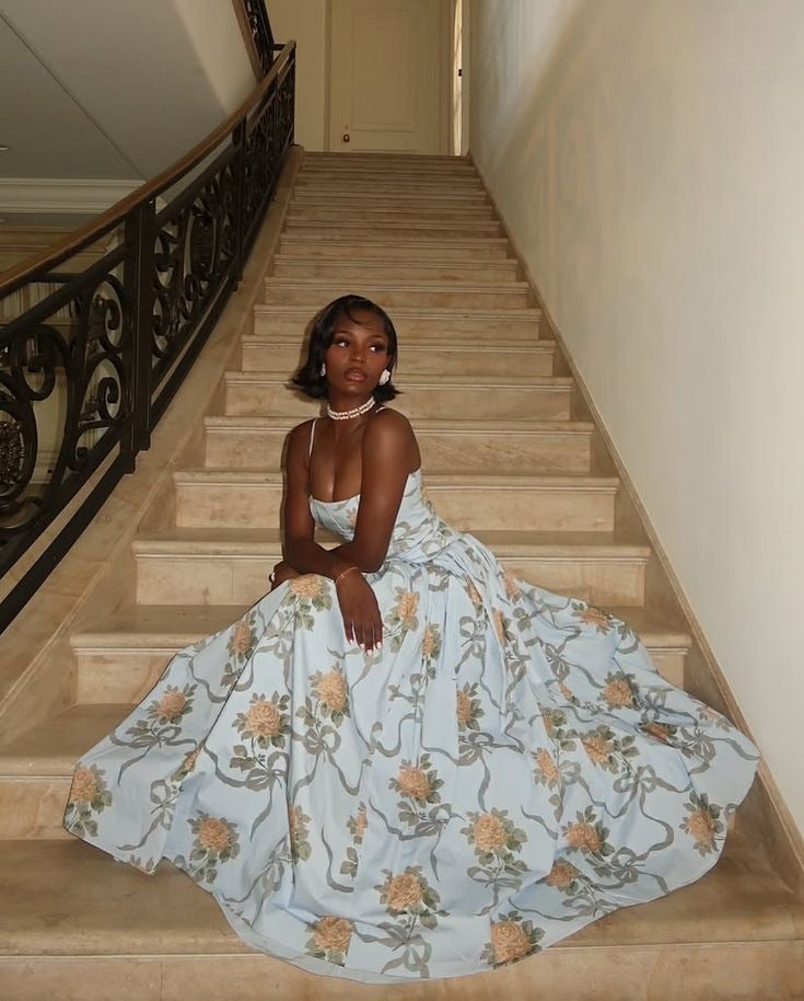 Elegant Printed Long Dress Women Square Neck A-line Robe Beach Holiday –  formalgowns