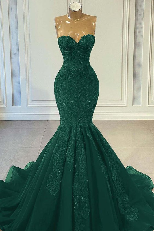 Robe de soirée sirène verte longue pour femme, décolleté cœur, dentelle, perles, appliques, 2025, fg6421