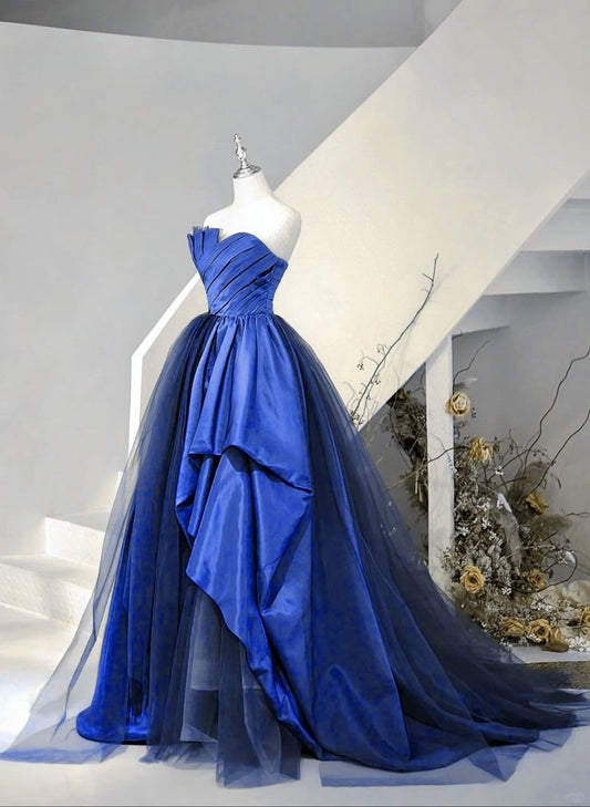 Robe de soirée longue en satin et tulle bleu, robe de bal, robe de soirée bleue fg6736