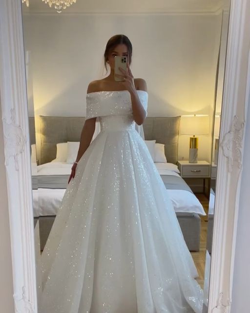 Robe de mariée trapèze à paillettes scintillantes, épaules dénudées, drapée, en tulle, robe de mariée formelle fg5960