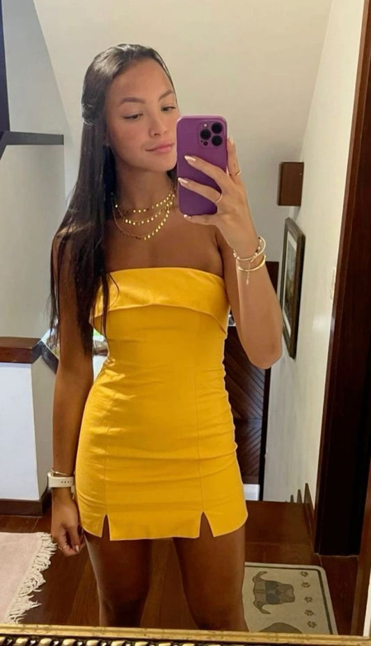 Robe de soirée courte jaune sans bretelles, robe de bal, robe de soirée, fg6301