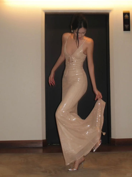 Champagner Pailletten Glänzend Langes Ballkleid Abend Party Kleider fg7741