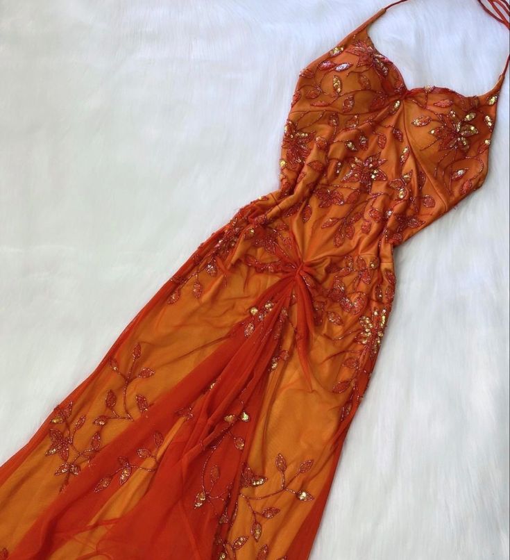 Elegant Orange Spaghetti Straps Beaded Prom Dress Party Dress fg5364