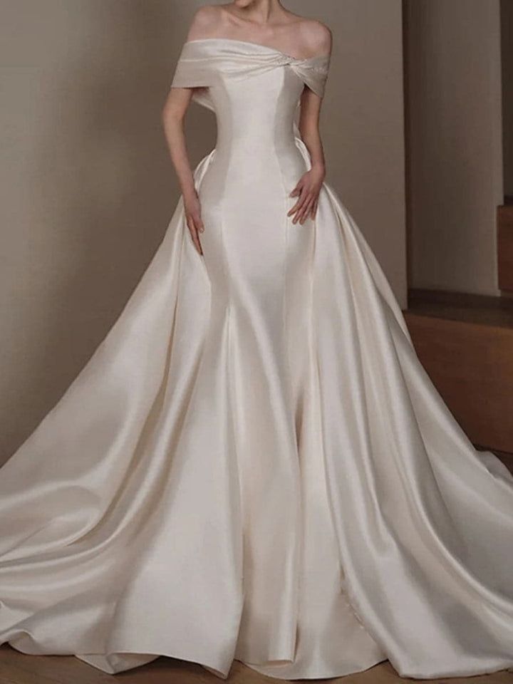 Luxury Satin A-Line Wedding Dress Boat Neck Sleeveless Off Shoulder Br formalgowns Luxury Satin A-Line Wedding Dress Boat Neck Sleeveless Off Shoulder Br formalgowns