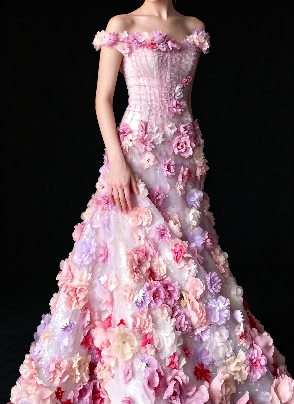 Pink Off-the-Shoulder 3D Floral Tulle Ball Gown fg9049