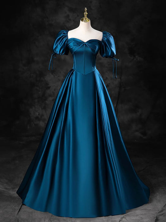 Robe de bal en satin bleu, épaules dénudées, longueur au sol, robe de soirée trapèze bleue fg6764