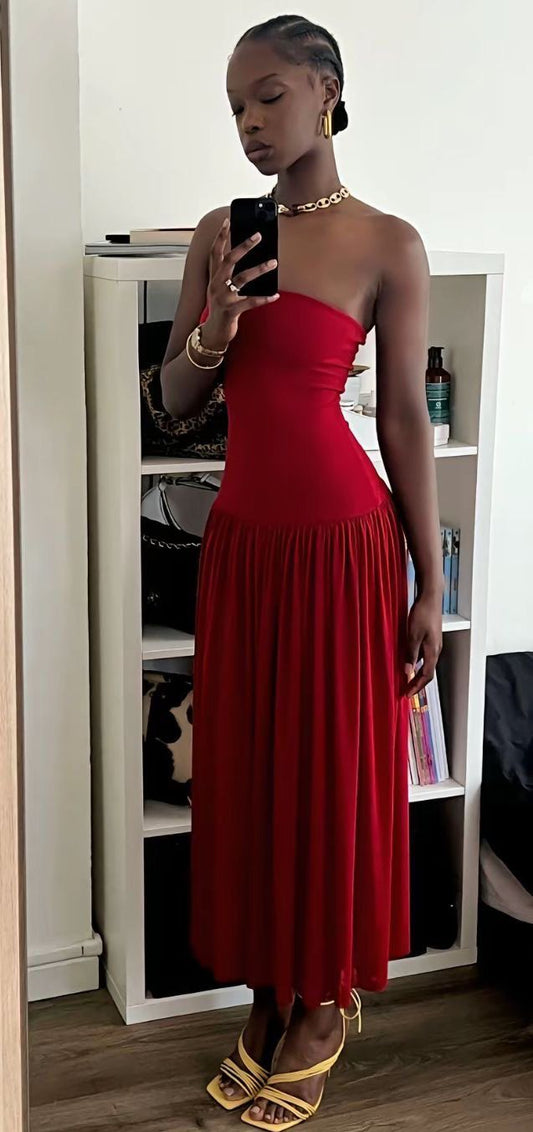 Robe de soirée longue rouge sans bretelles, coupe trapèze, robe d'invitée de mariage fg7403