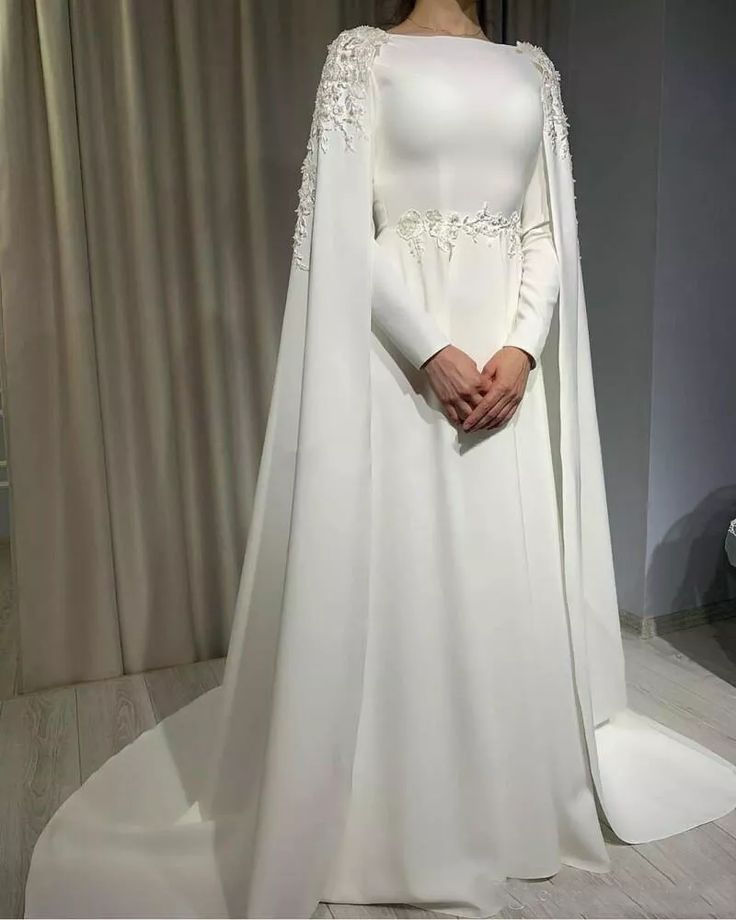 Muslim Wedding Dress with Cape Long Sleeves Beading Plus Size Satin Bridal Gowns fg6020 Muslim Wedding Dress with Cape Long Sleeves Beading Plus Size Satin Bridal Gowns fg6020