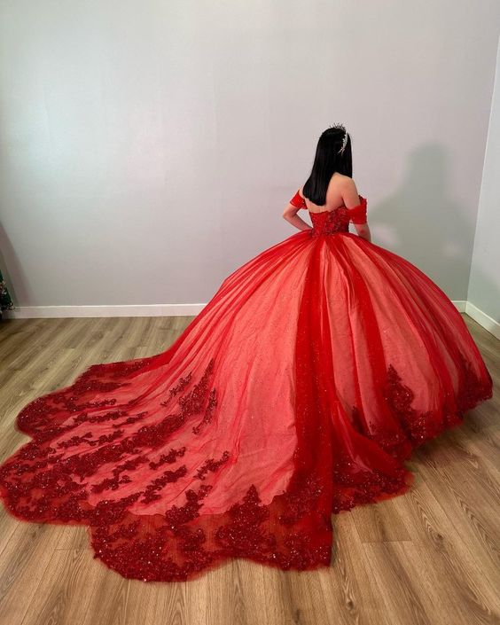 Red Off The Shoulder Ball Gown,Red Sweet 16 Dress,Princess Dress fg5629