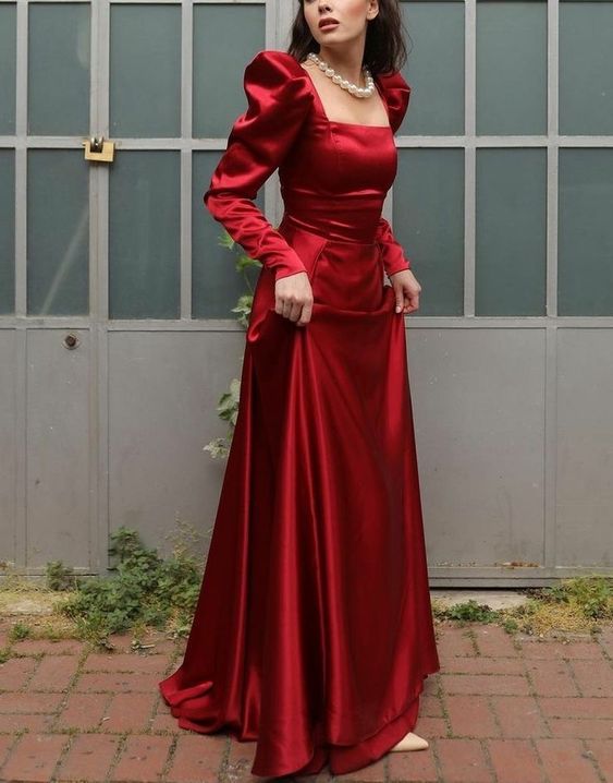 Square Neck Long A Line Evening Gown Burgundy Long Sleeves Satin Forma formalgowns Square Neck Long A Line Evening Gown Burgundy Long Sleeves Satin Forma formalgowns