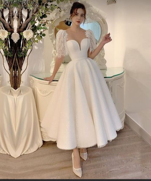 Robe de mariée trapèze en dentelle à manches courtes, longueur thé, fg6418