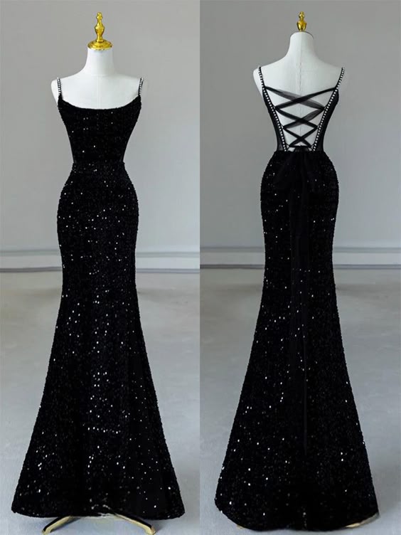 Simple Mermaid Sequin Black Long Prom Dress, Black Evening Dress fg664