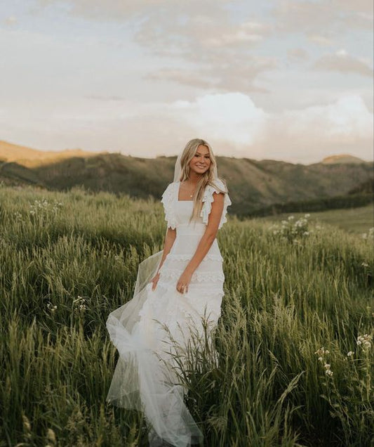 Robe de mariée blanche élégante coupe trapèze, robe de mariée simple fg5775