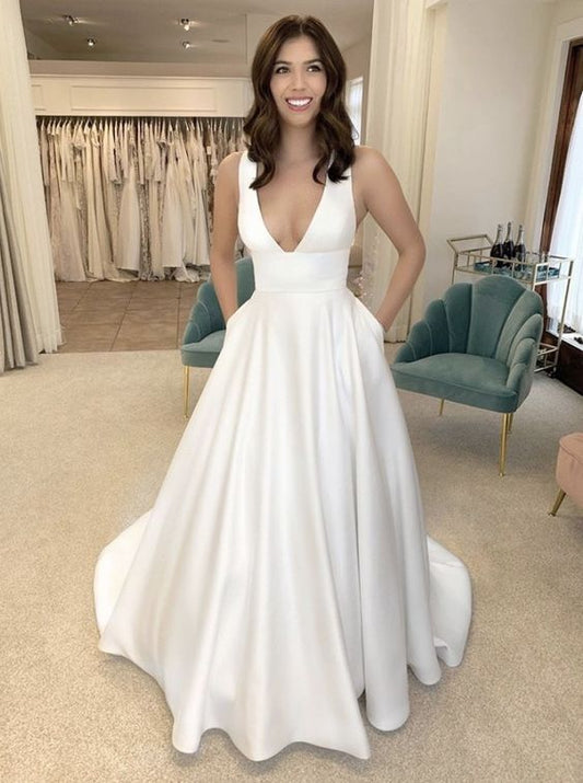 Robe de mariée longue en satin style trapèze, style vintage, fg6422