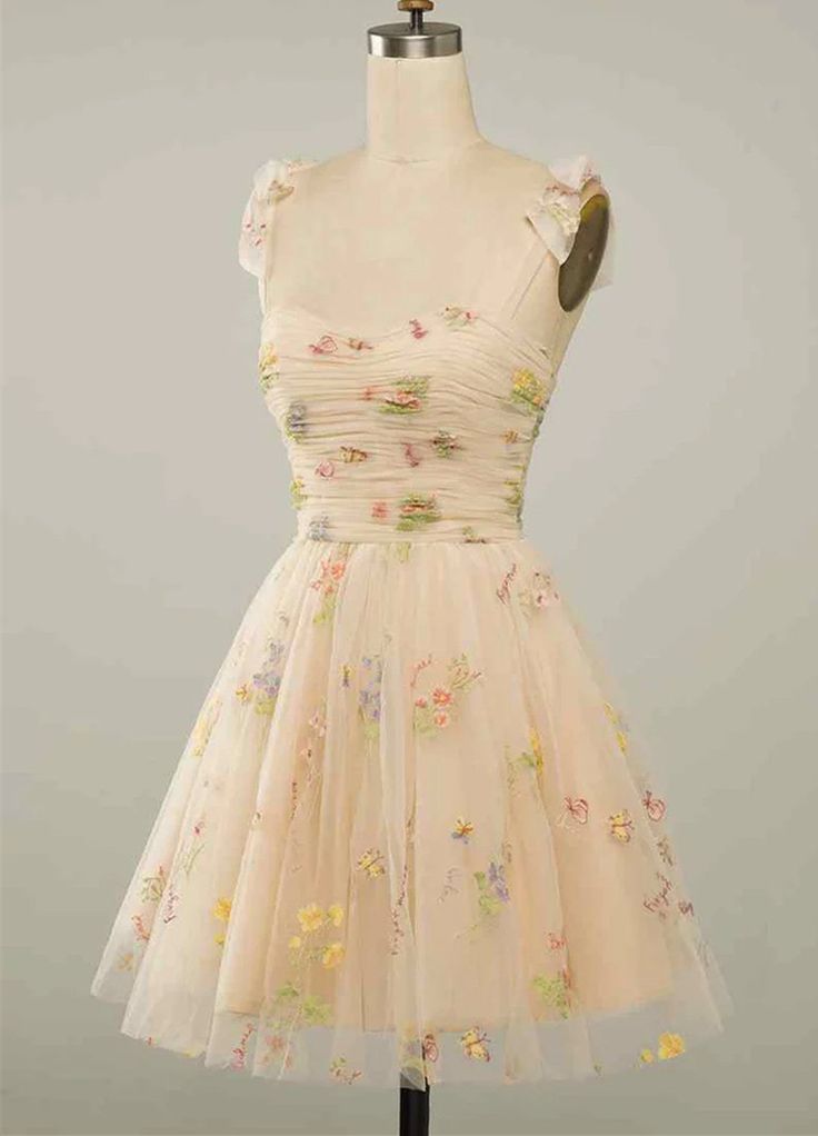 Champagne A-line Bow Tie Straps Pleated Applique Mini Homecoming Dress fg5969