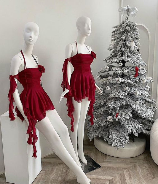 Robe d'anniversaire simple en mousseline bordeaux, robe de soirée fg6195