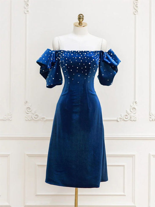 Robe de soirée, robe de bal courte en velours bleu avec perles, robe de cocktail bleue fg6425